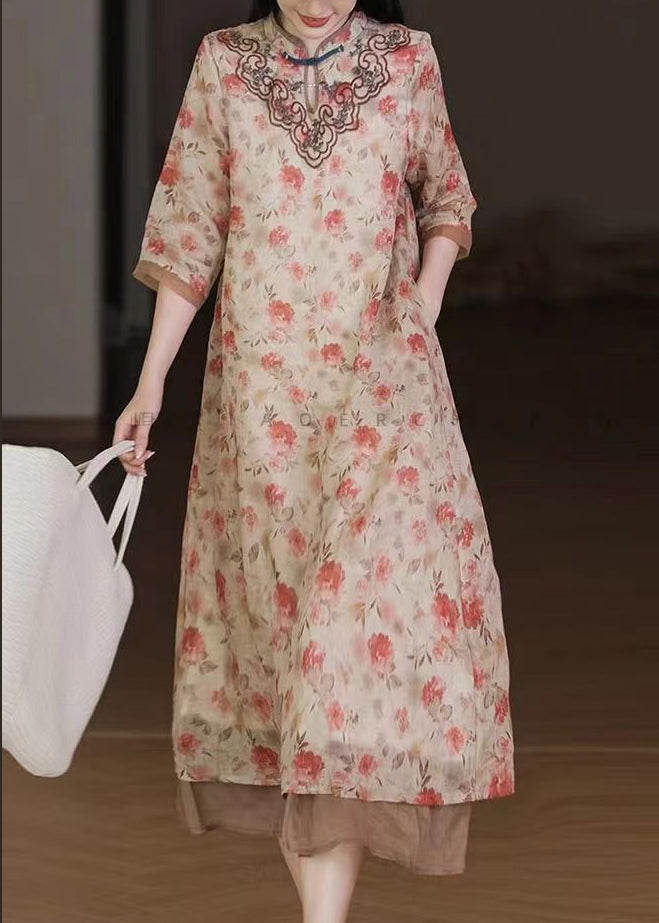 Floral Print Mandarin Collar Frog Button Chest Midi Dress - View 3