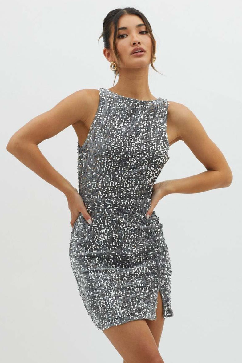 Sequin High Neck Sleeveless Bodycon Mini Party Dress - View 12