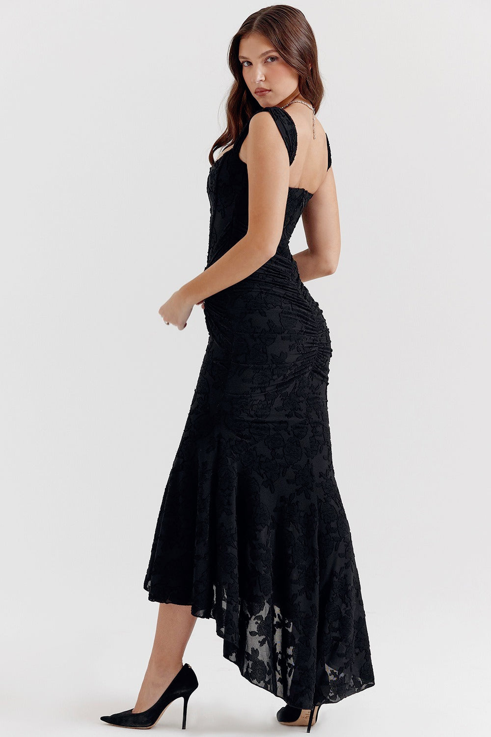 Velvet Square Neck Ruched Waist Lace Midi Dress - View 4