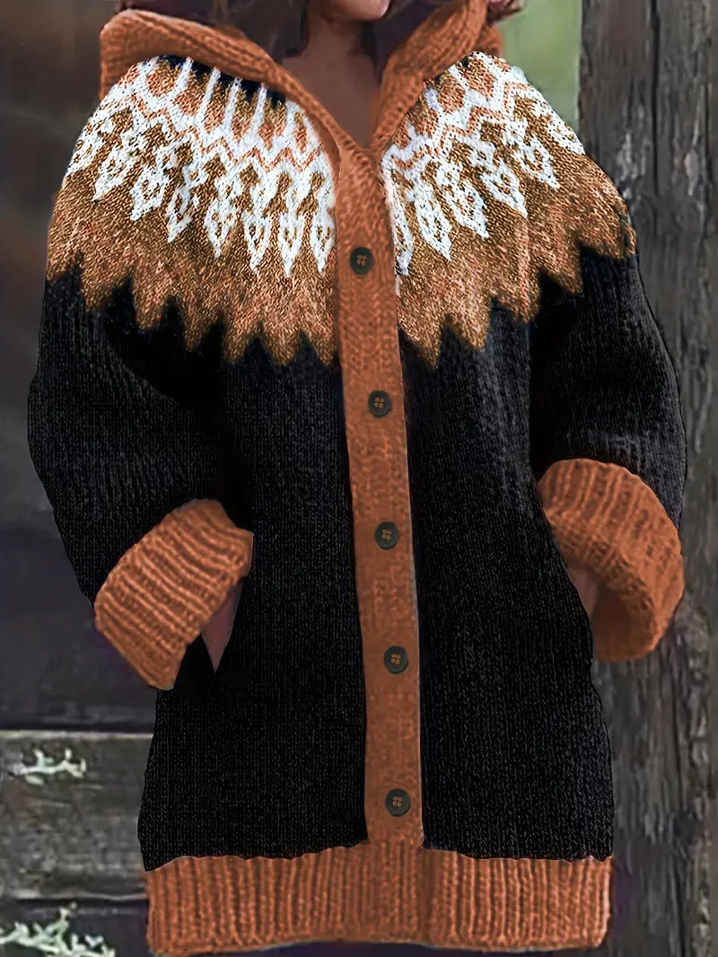 Hooded Button Front Fair Isle Knit Longline Cardigan 5