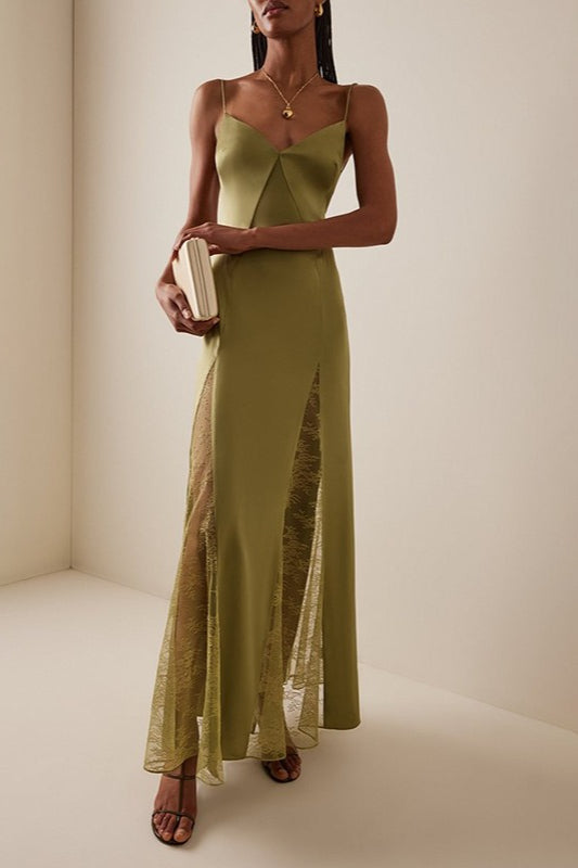 Spaghetti Strap Deep V-Neck Lace Insert Split Satin Maxi Gown