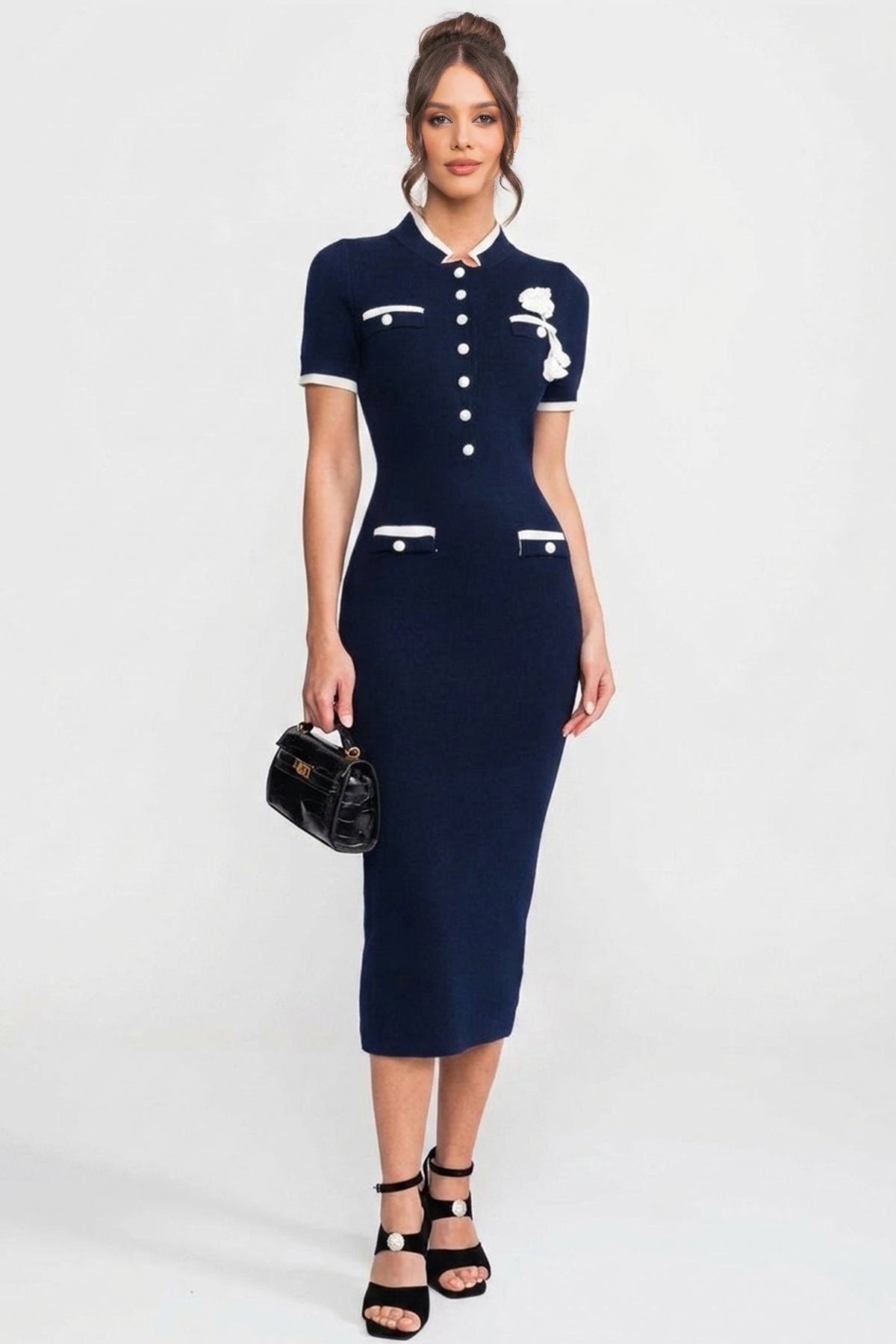 Ribbed Knit Midi Dress - Navy
