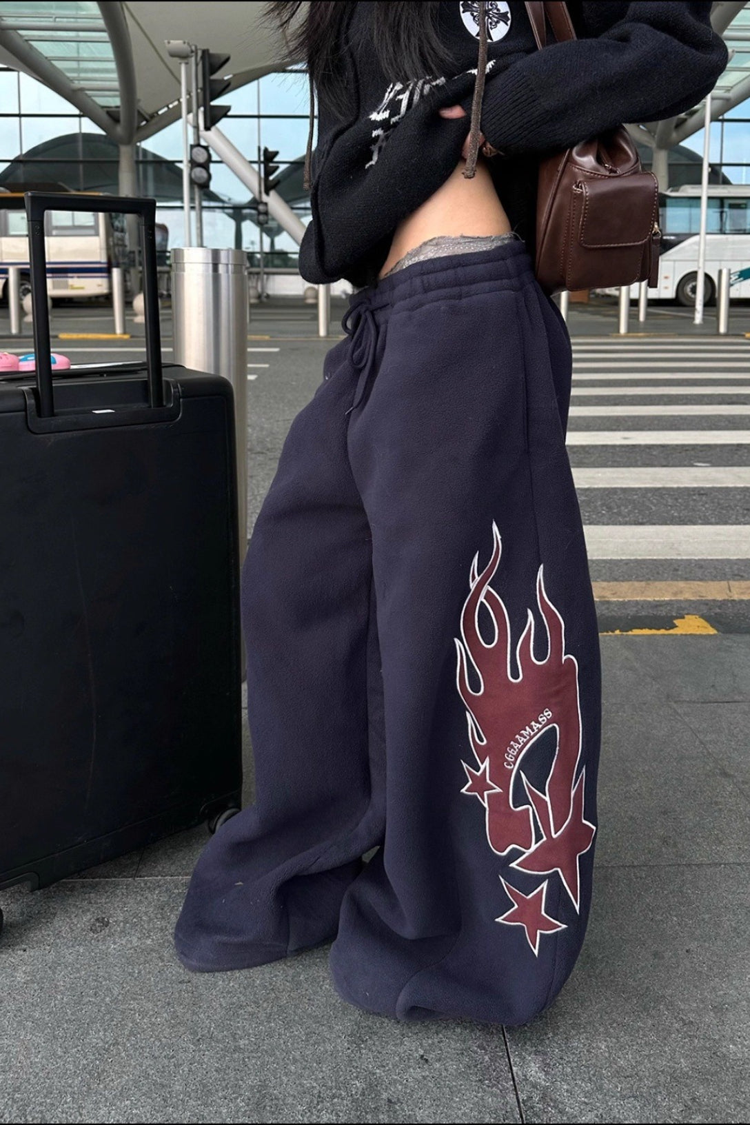Flame Print Sherpa Drawstring Curved Leg Pants