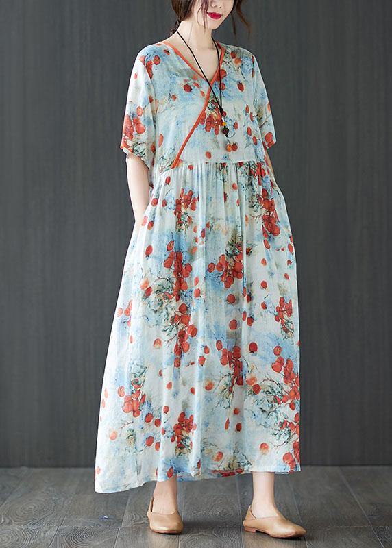 Berry Print Asymmetric V-Neck Empire Waist Short Sleeve Maxi Dress - View 2