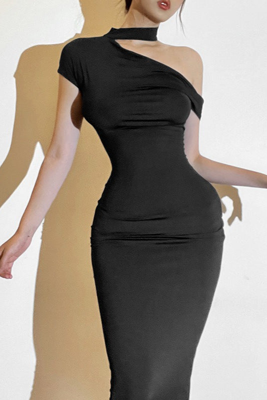 Velvet One Shoulder Choker Neck Bodycon Midi Party Dress - View 4