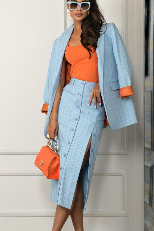 Striped Lapel Long Sleeve Blazer Split Bodycon Two-Piece