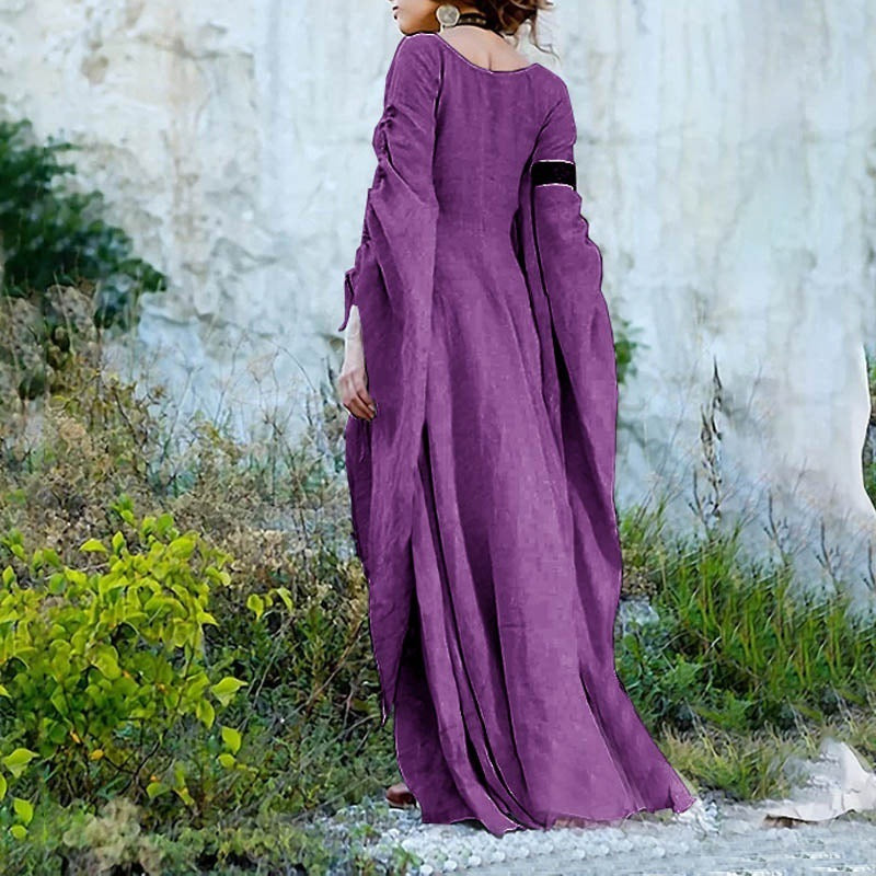 Bell Sleeve Scoop Neck Flowy Linen Look Maxi Dress - View 3