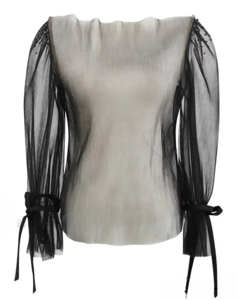 French Blouse Sling Retro Slimming Arm Mesh Top Long Lace