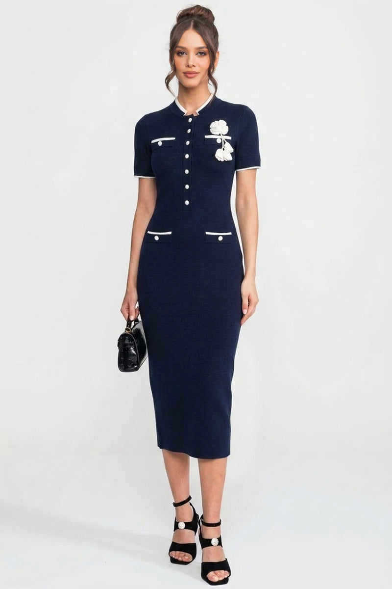 Ribbed Knit Midi Dress - Navy - View 3