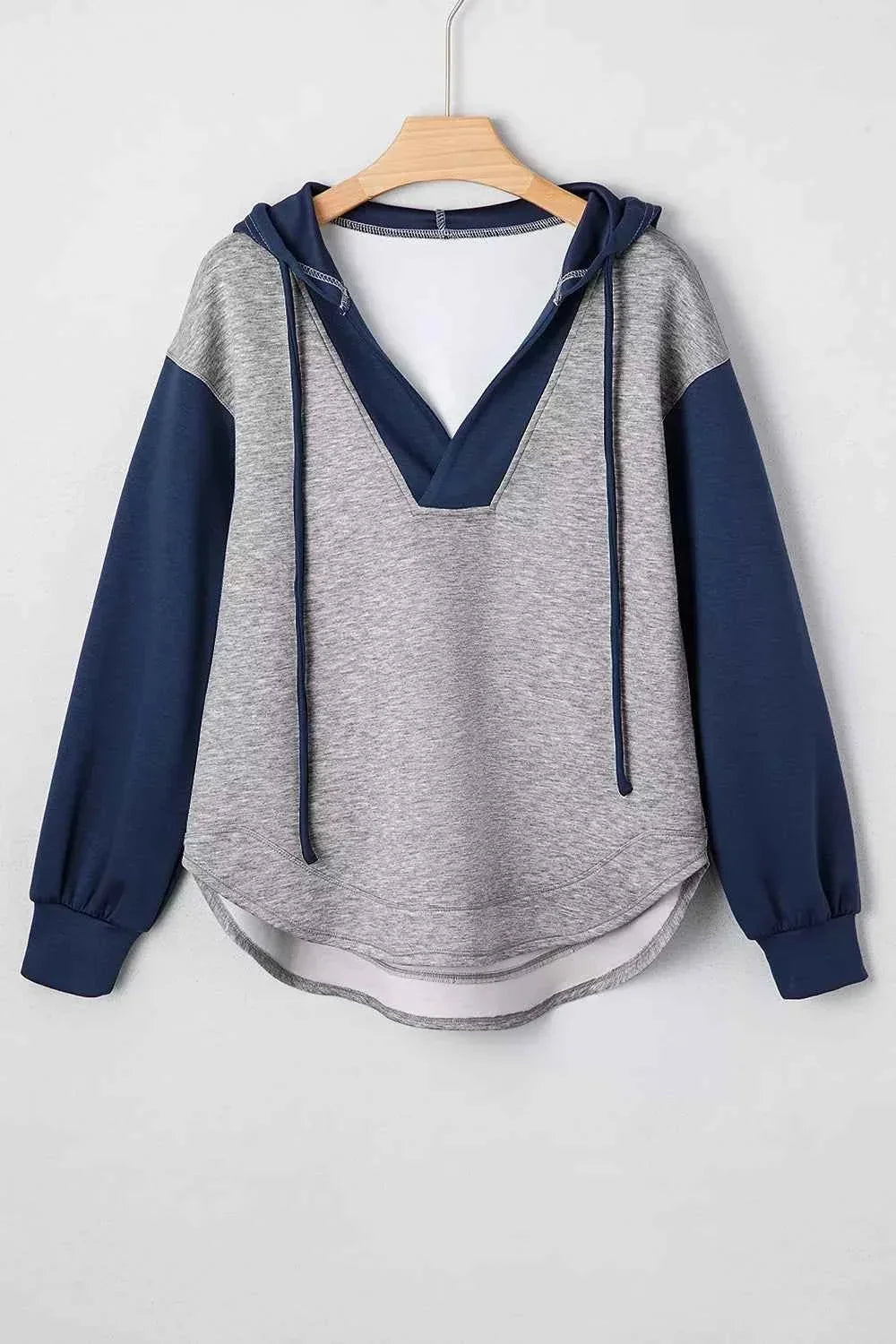 Color Block Patchwork V Neck Drawstring Hoodie