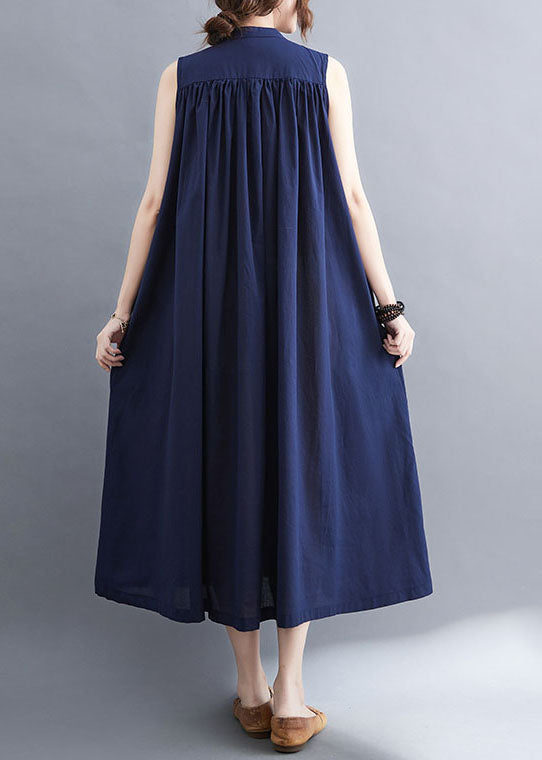 Gathered Mandarin Collar Button Front Sleeveless Pocket Maxi Dress - View 4