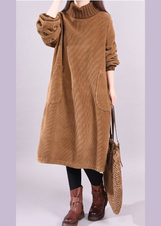 Corduroy Turtleneck Long Sleeve Patch Pocket Loose Shift Midi Dress - View 4