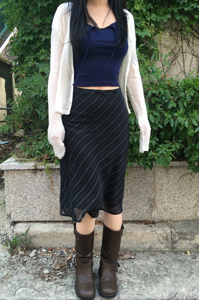 Stripe Print Sheer Mesh Knit Midi Skirt