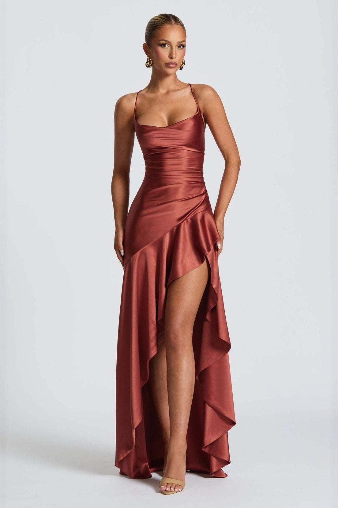 Satin Cowl Neck Spaghetti Strap Ruched High Low Maxi Dress