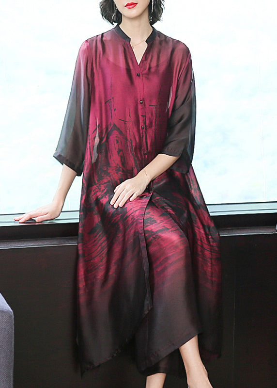 Abstract Print V-Neck Mandarin Collar Three-Quarter Midi Dress - View 2