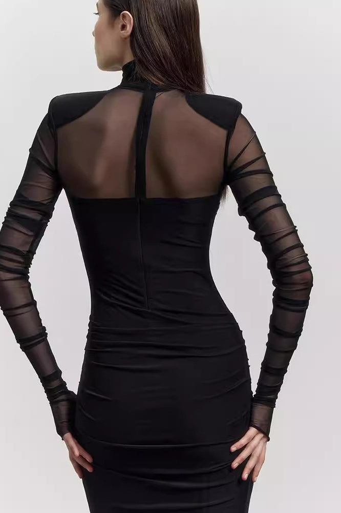 Mesh High Neck Long Sleeve Ruched Bodycon Midi Dress - View 3