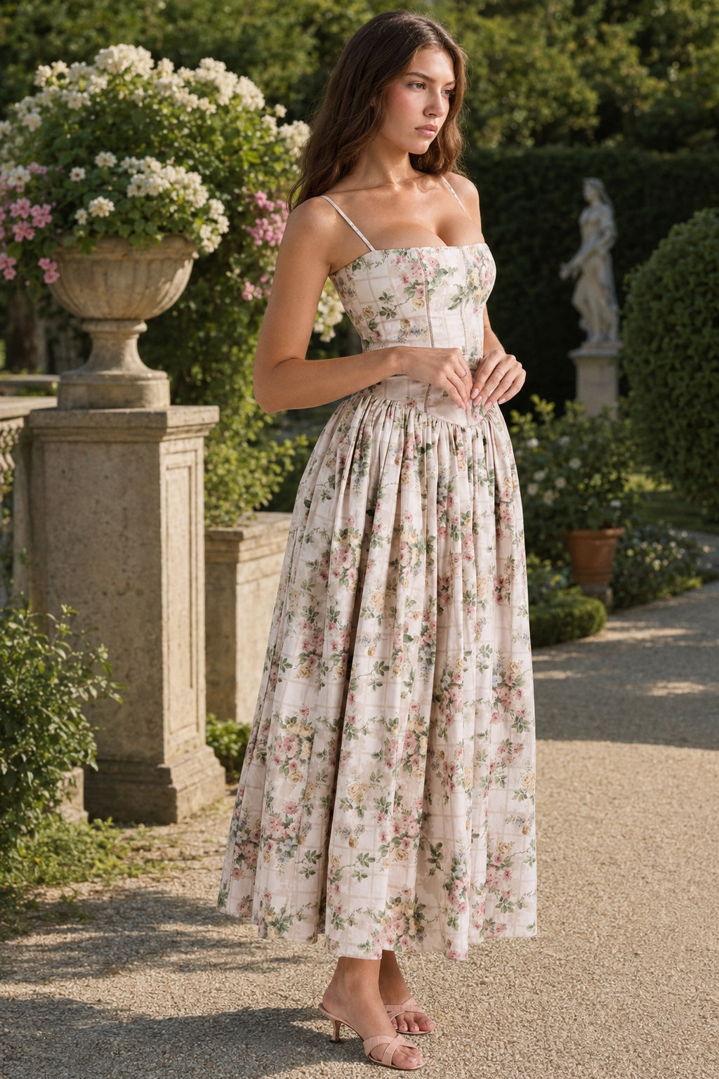 Square Neck Floral Corset Bodice Full Skirt Midi Dress 9