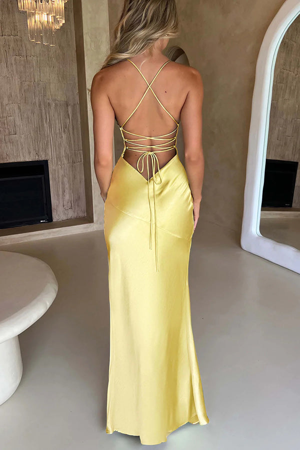 Satin Solid Color Sexy Backless Lace Up High Slit Maxi Dress - View 18