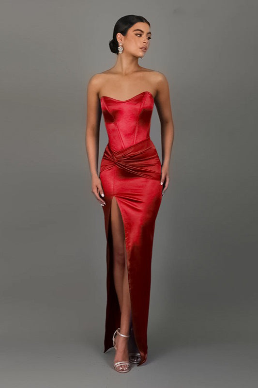 Satin Strapless Corset Twist Front High Split Maxi Gown - View 3