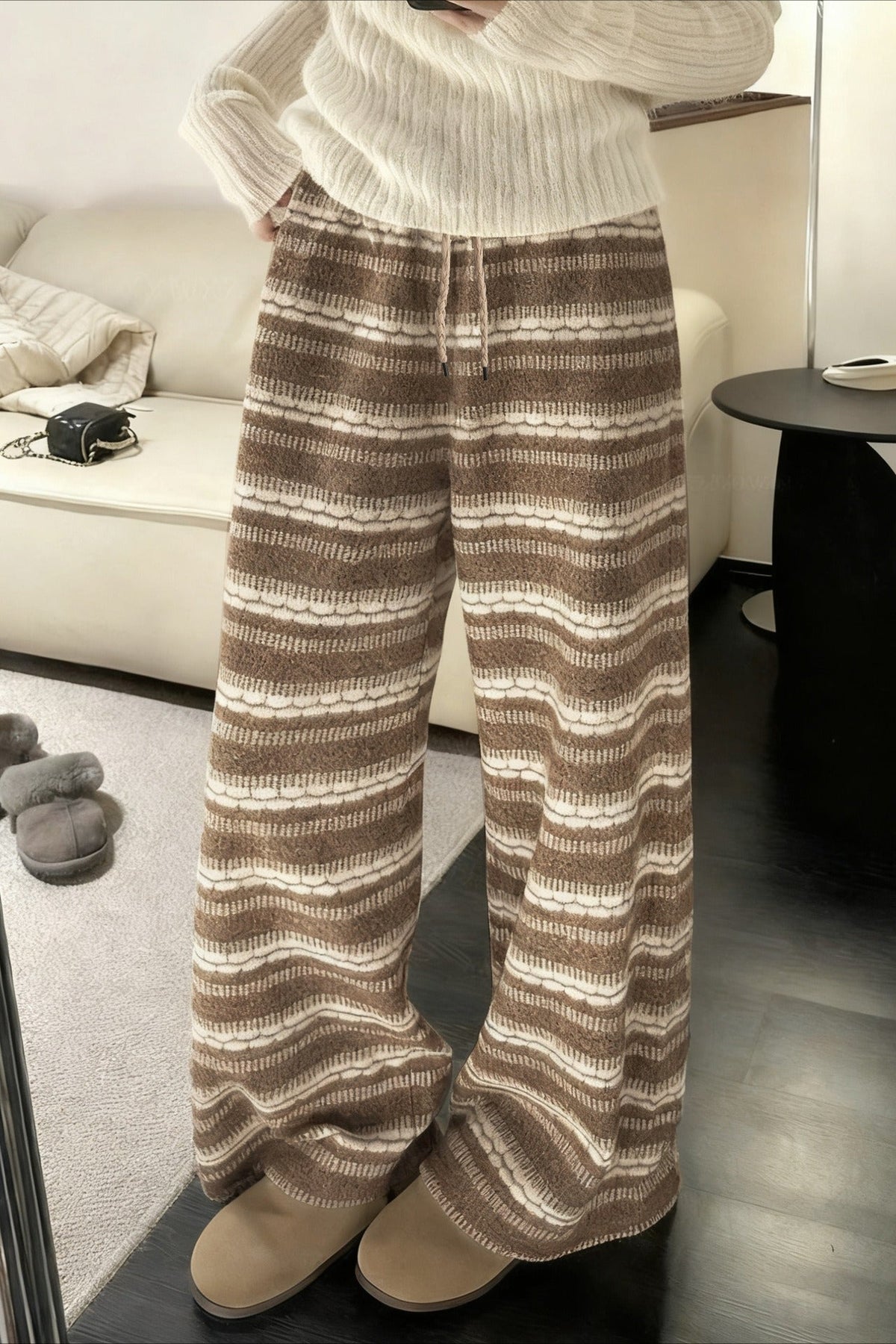 Relaxed Fair Isle Fleece Wide Leg Knit Pants