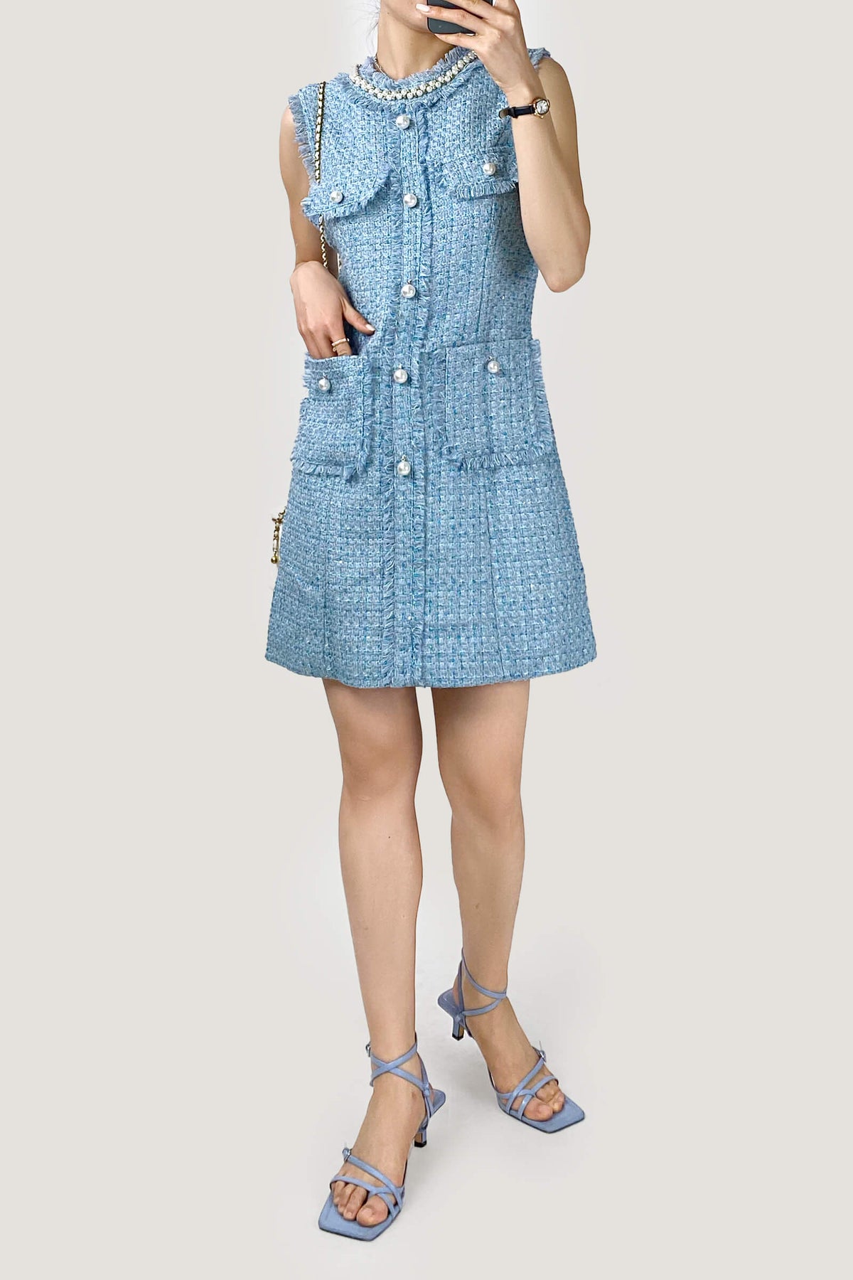 Pearl Collar Raw Fringe Trim Tweed Sleeveless Mini Dress - View 14