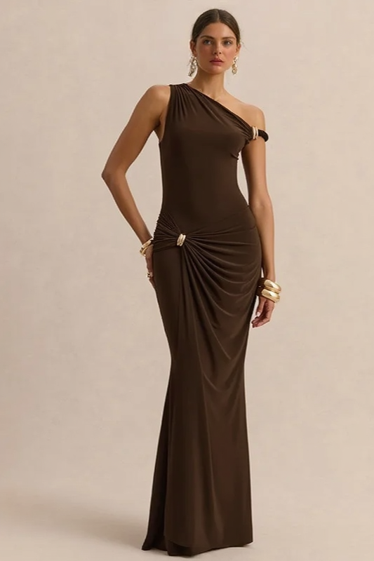 One Shoulder Ruched Twist Front Mermaid Maxi Gown 2