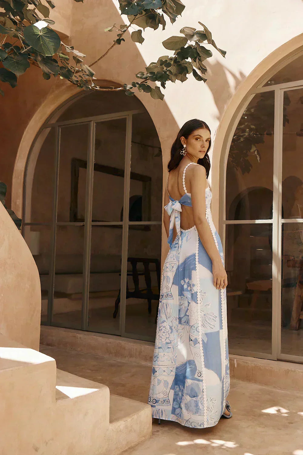 Square Neck Lace Trim Vase Print Spaghetti Strap Maxi Dress - View 2