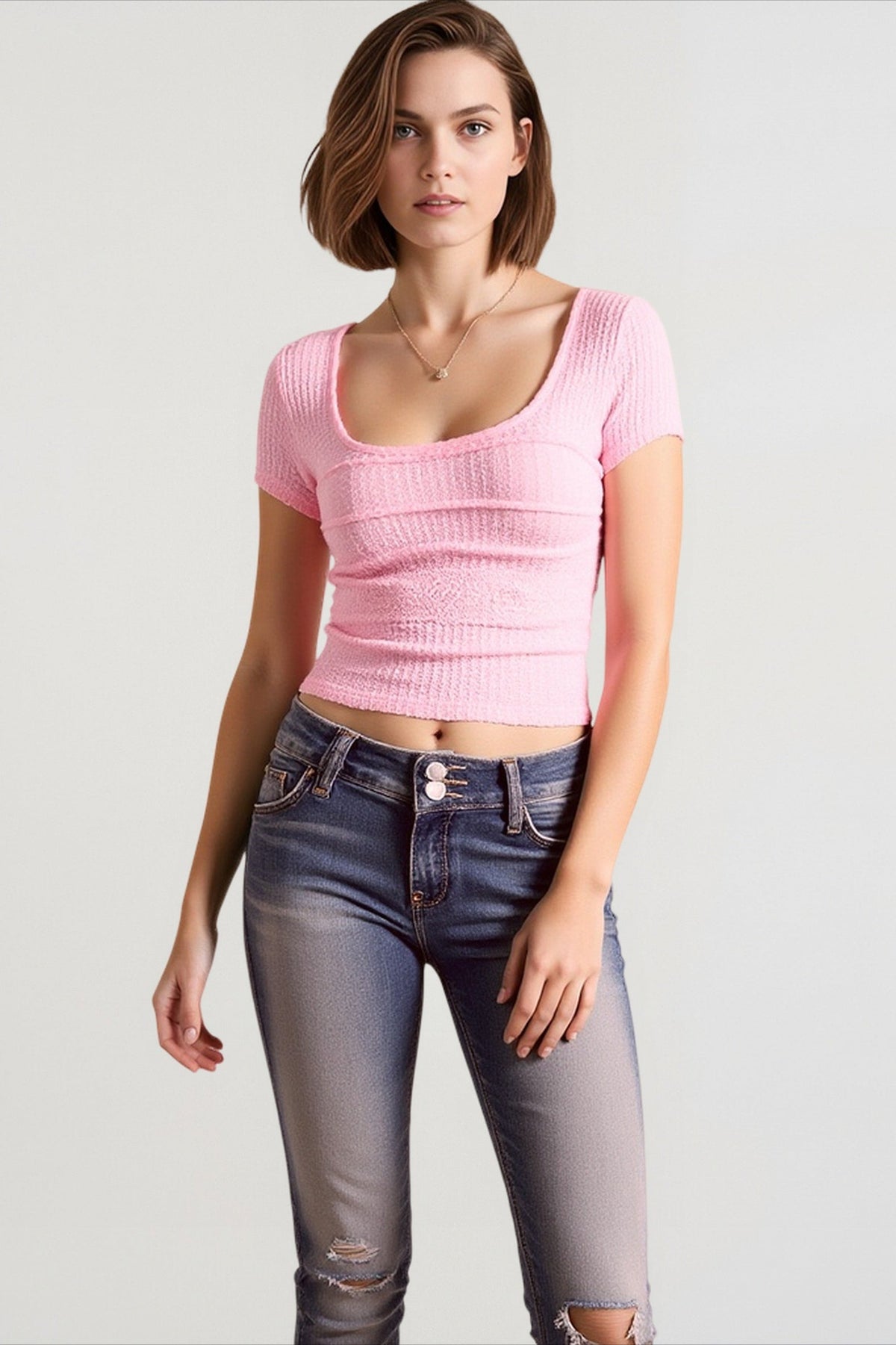 Scoop Neck Short Sleeve Ribbed Knit Top