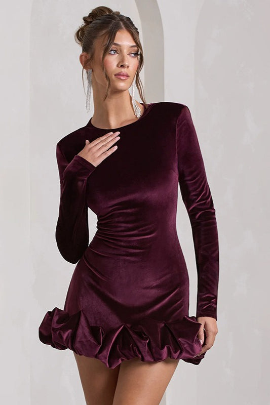 Luxe Velvet Crew Neck Pleated Long Sleeve Mini Dress