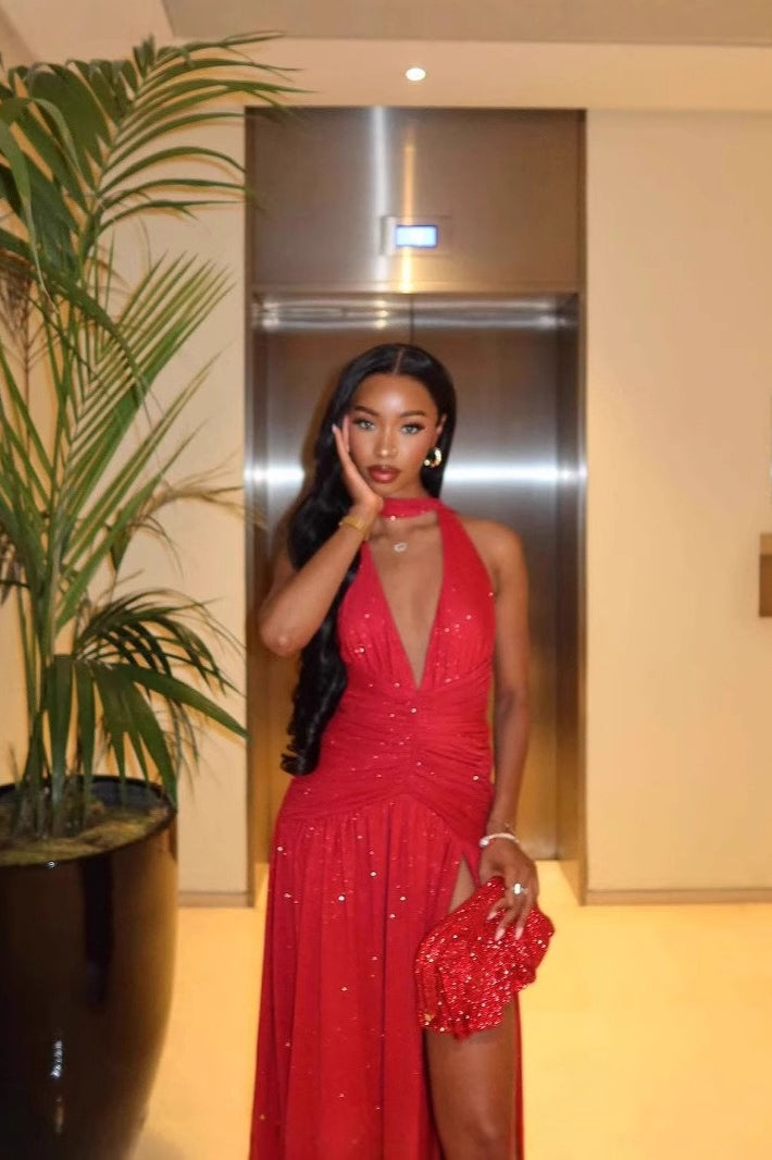 Halter Deep V-Neck Rhinestone Ruched High Split Maxi Dress - View 2