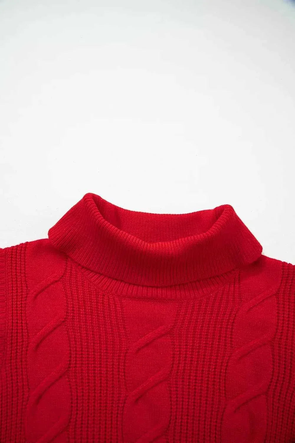 Cable Knit Turtleneck Ruffled Short Sleeve Sweater