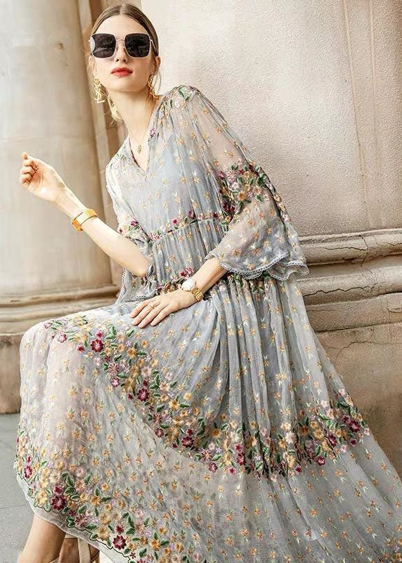 V-Neck Floral Embroidered Tulle Maxi Dress