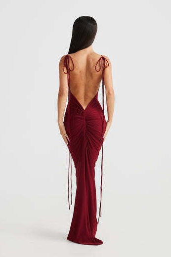 Cowl Neck Spaghetti Strap Backless Ruched Bodycon Maxi Dress - View 11
