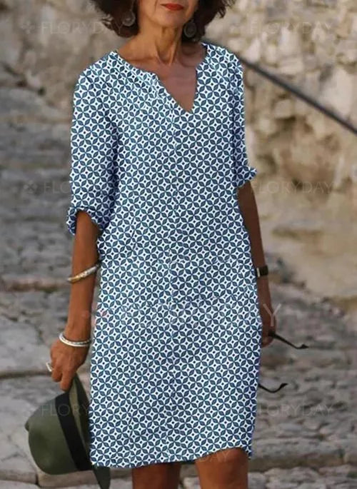 Geometric Print V-Neck Three Quarter Sleeve Shift Knee Dress - View 3