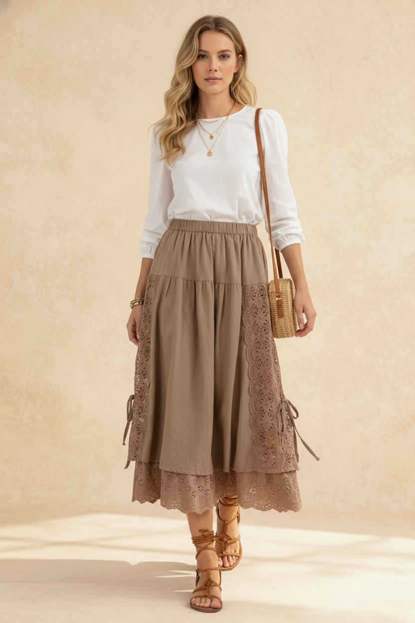 Sweet Japan Style Mori Lace Stitched Linen Skirt