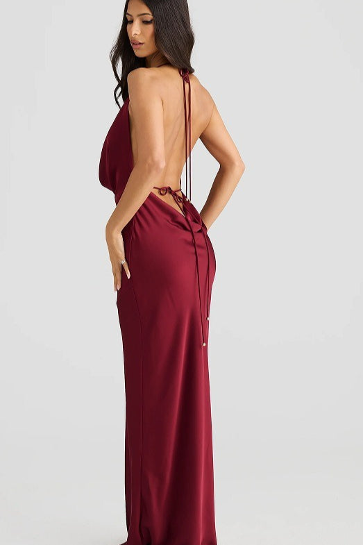 Satin Cowl Neck Halter Backless Mermaid Maxi Dress - View 3