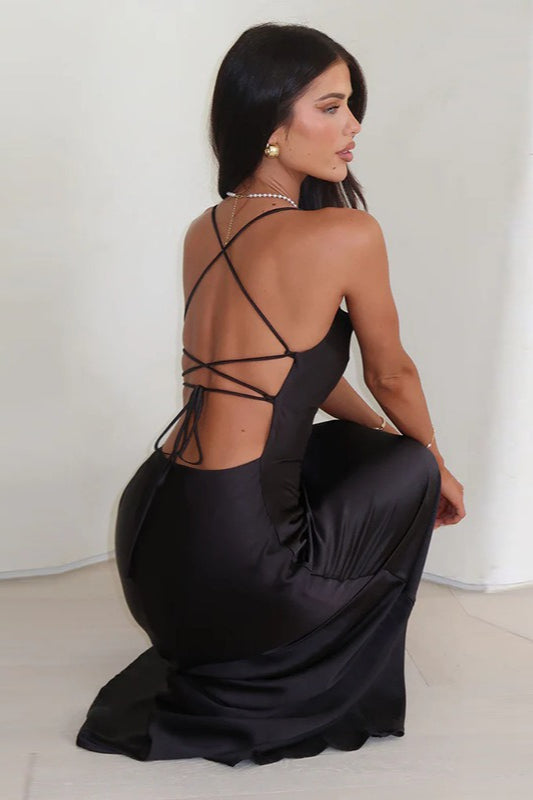 Satin Cowl Neck Spaghetti Strap Bias Cut Slip Maxi Dress - View 5