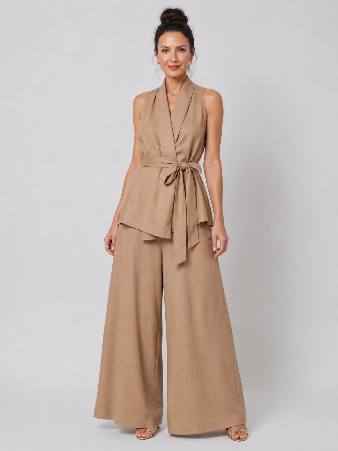 Sleeveless Shawl Collar Wrap Top and Wide Leg Pants Two Piece Set 8