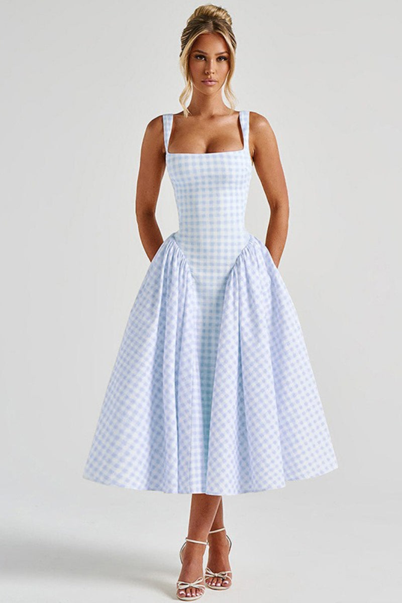Plaid Square Neck Sleeveless Fit and Flare Midi Dress - View 7