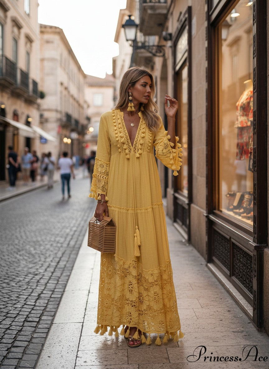 Deep V-Neck Tassel Trim Lace Insert Bell Sleeve Tiered Dress - View 16