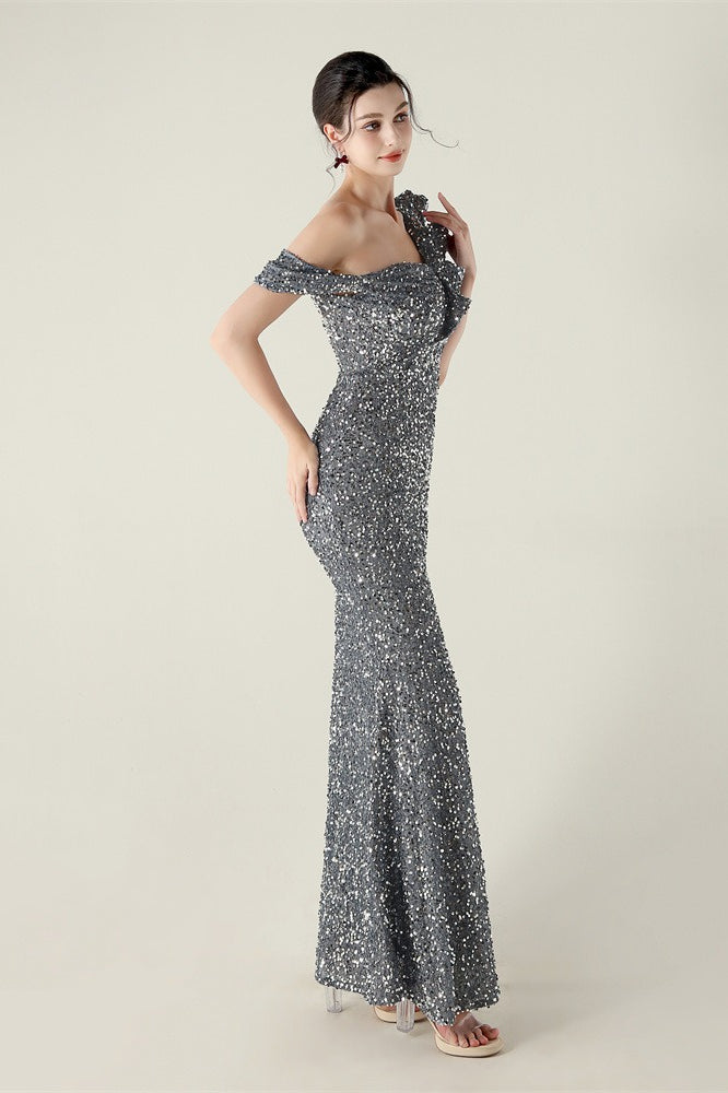 Sequin One Shoulder Ruffle High Split Mermaid Gown 28