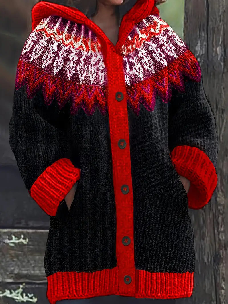 Hooded Button Front Fair Isle Knit Longline Cardigan 7