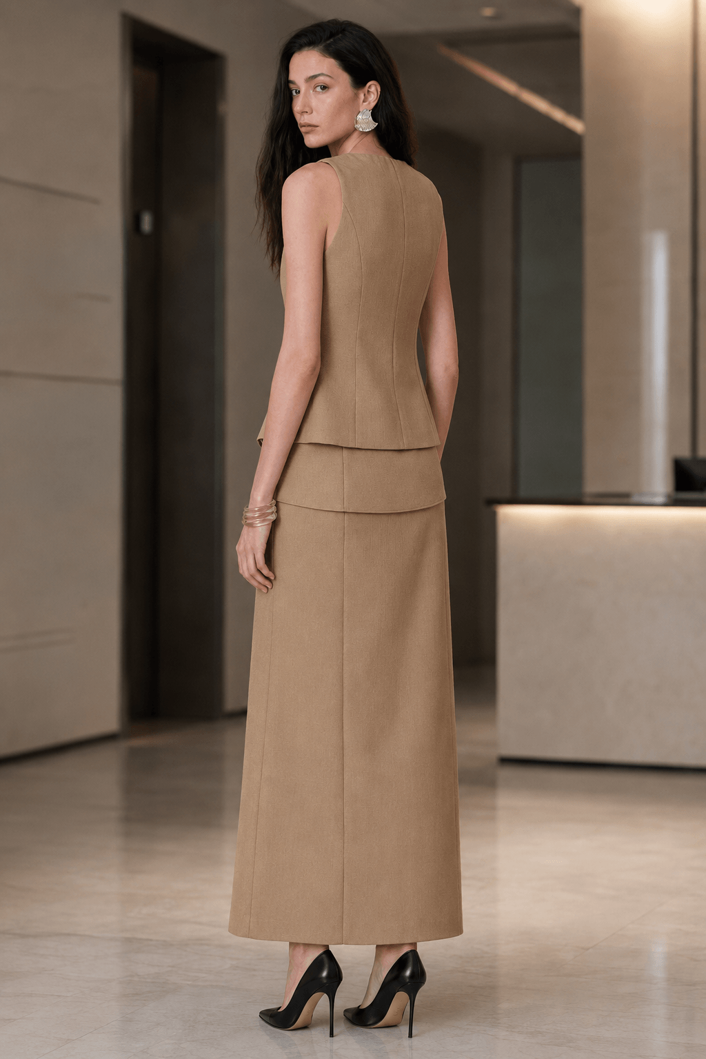 Ruffle Slit Skirt Two Piece Work Set