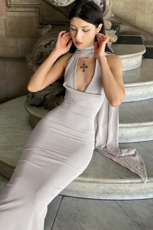 High Neck Keyhole Cut Out Ribbed Bodycon Maxi Dress 2