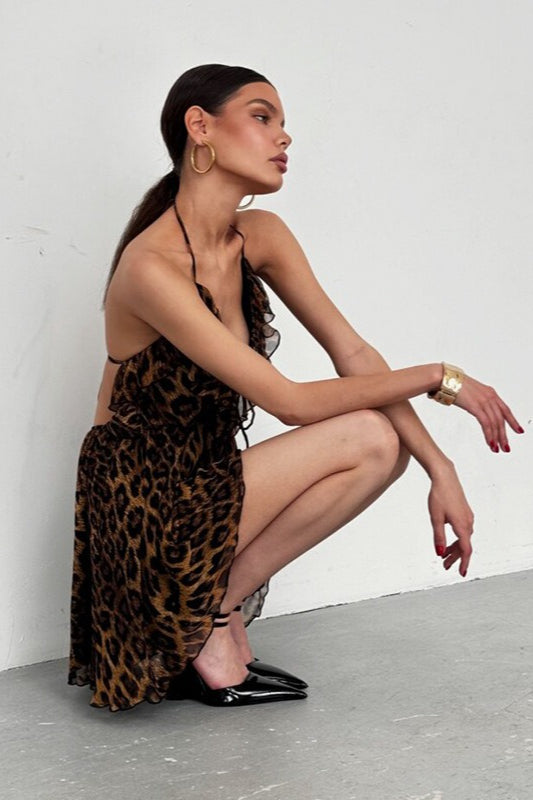 Deep V-Neck Halter Ruffle Leopard Print Backless Mini Dress 4