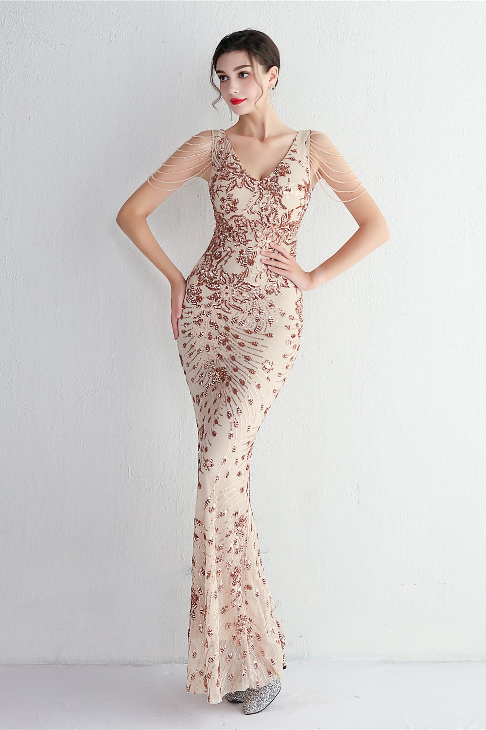 Sequin V-Neck Beaded Fringe Sleeve Mermaid Evening Gown - View 5