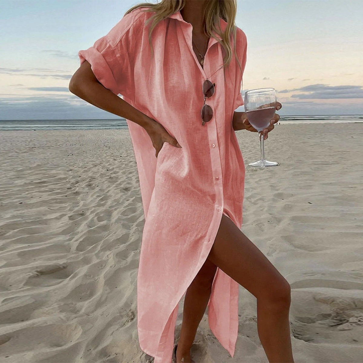 Linen Oversized Button Front Side Slit Maxi Shirt Dress - View 3