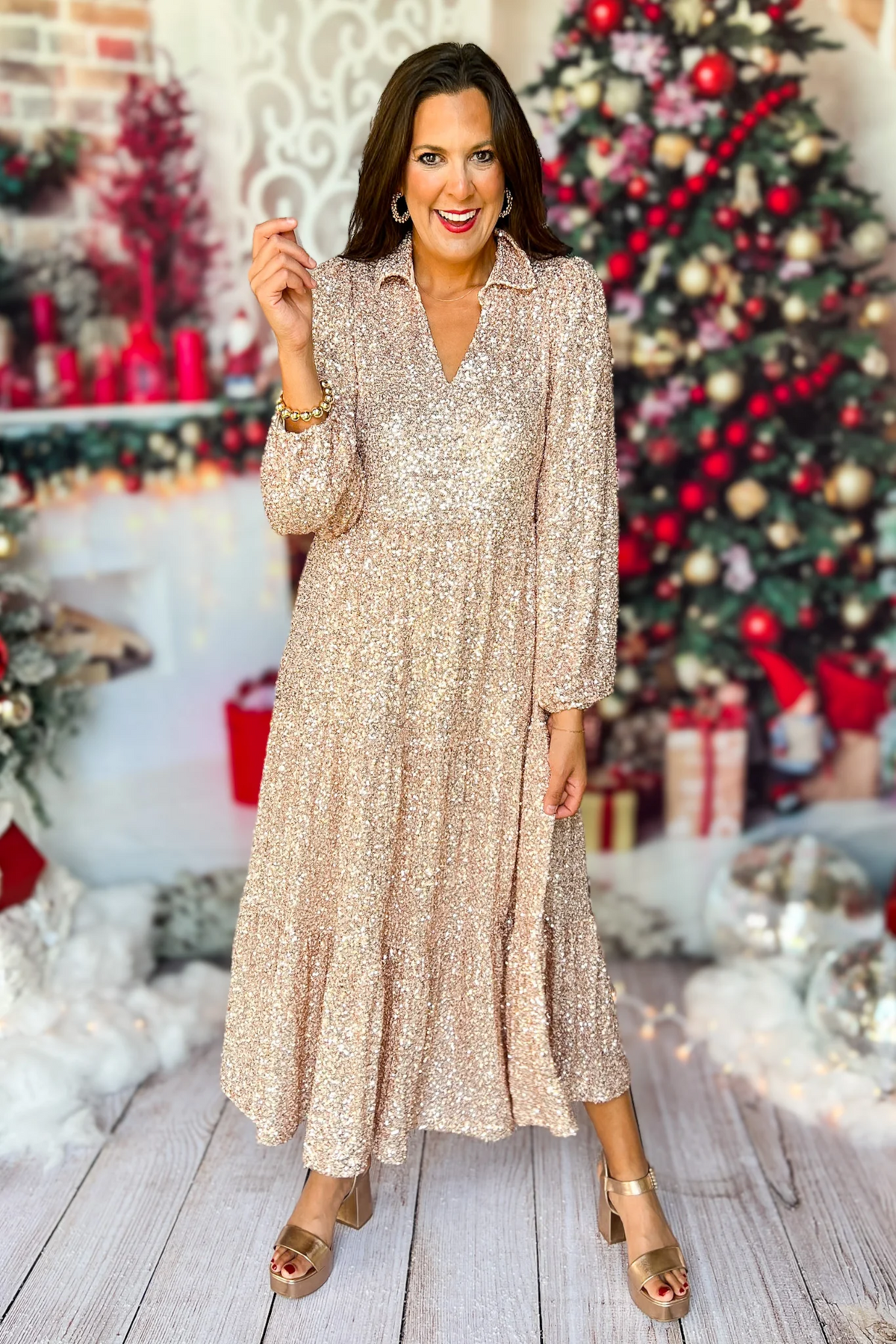 Sequin Deep V-Neck Long Sleeve Tiered Balloon Sleeve Maxi Gown - View 8