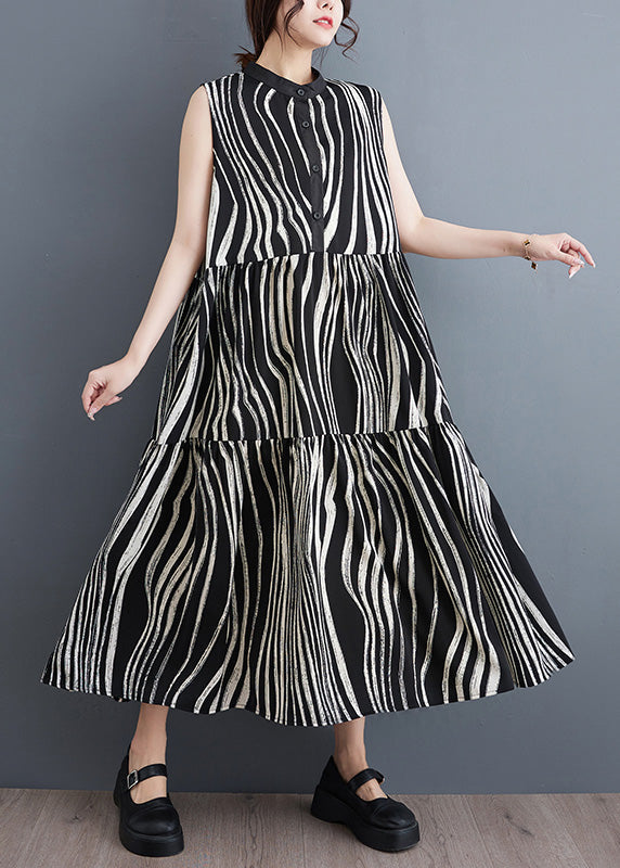 Wavy Stripe Print Band Collar Button Front Tiered Maxi Dress - View 2