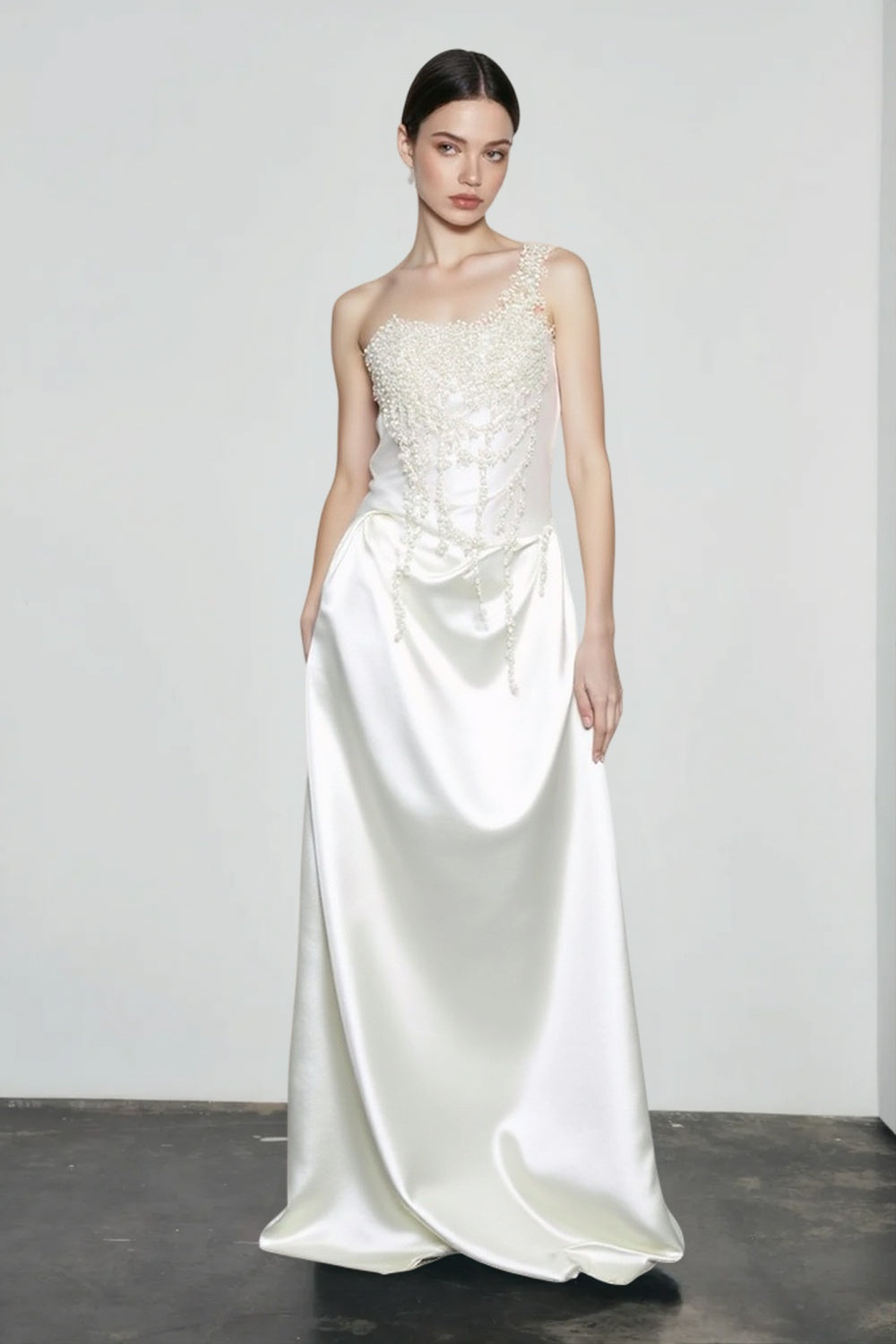 One Shoulder Pearl Beaded Corset Satin Maxi Gown 2